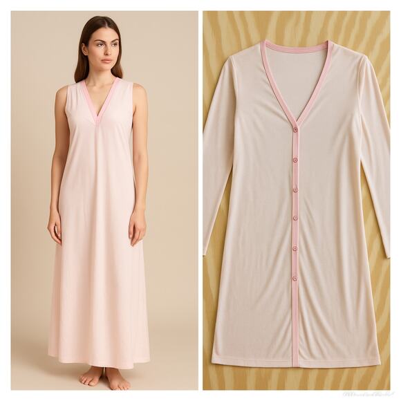 Vtg Pink Sleepwear Set Nightgown & housecoat Soft Pastel 1960 Style shadow line - Picture 1 of 8